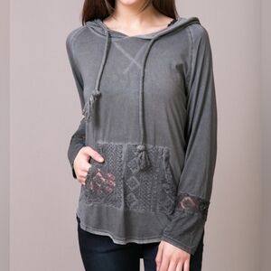POL Grey Crochet Detail Hooded Long Sleeve Top Size Large